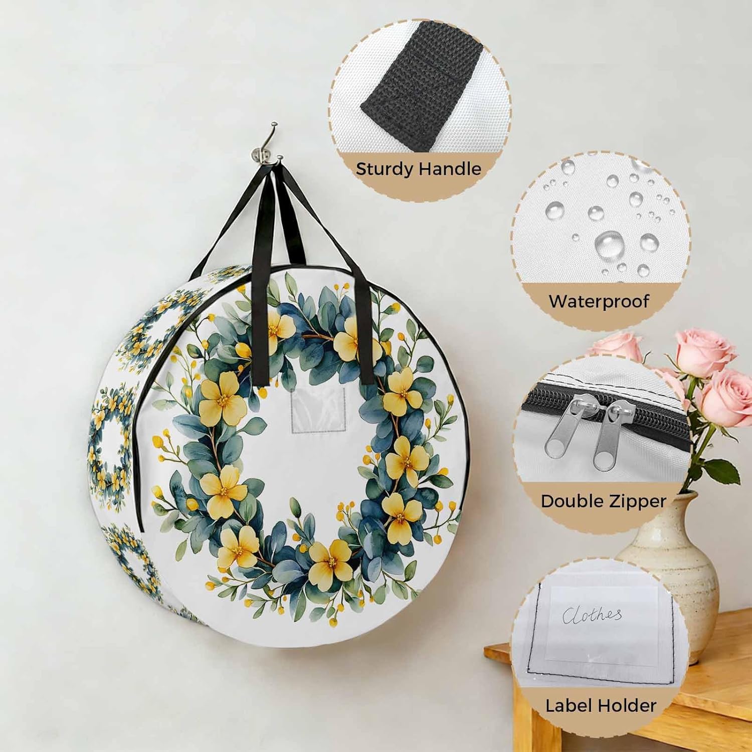 Yellow Flower Eucalyptus Wreath Round Storage Bag 36 Inch, Country Watercolor Floral Green Leaf Clothes Storage Container with Handles Heavy Duty Organizer for Comforter, Bedding & Holiday Wreaths