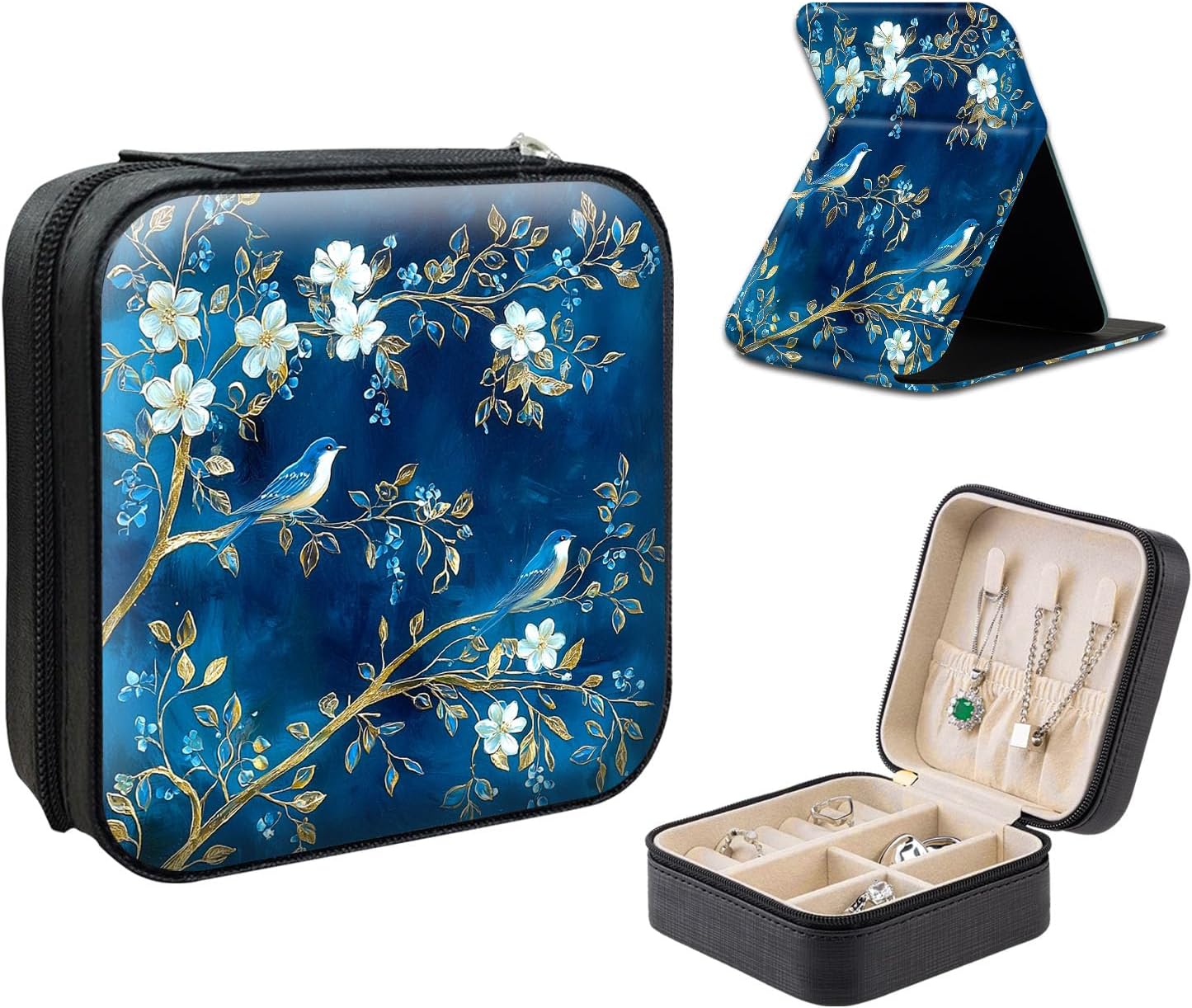 Travel Jewelry Case with Compact Mirror, Vintage Blue Birds Flowers Exquisite PU Leather Jewelry Boxes for Women, Best Gifts for People Who Travel - Dainty Jewelry Organizer
