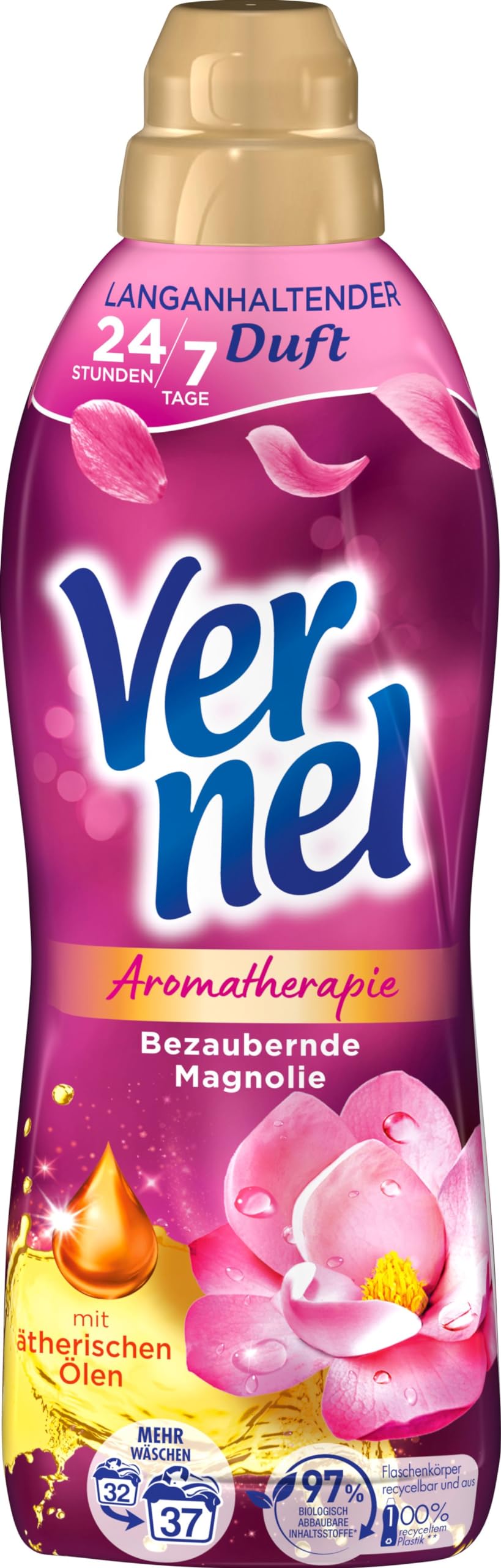 VERNEL Aromatherapie Bezaubernde Magnolie Weichspüler 444WL (12x37 Waschladungen), langanhaltender Wäscheduft mit ätherischen Ölen für 24/7 Frische, recycelbare Flasche