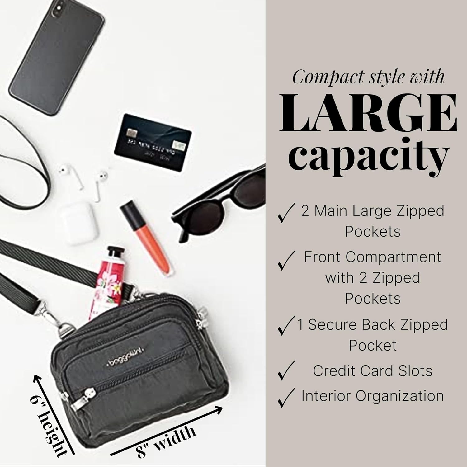 Baggallini Triple Zip Small Crossbody Bag for Women - 8x6 Lightweight Convertible Fanny Pack Belt Bag - Image 3