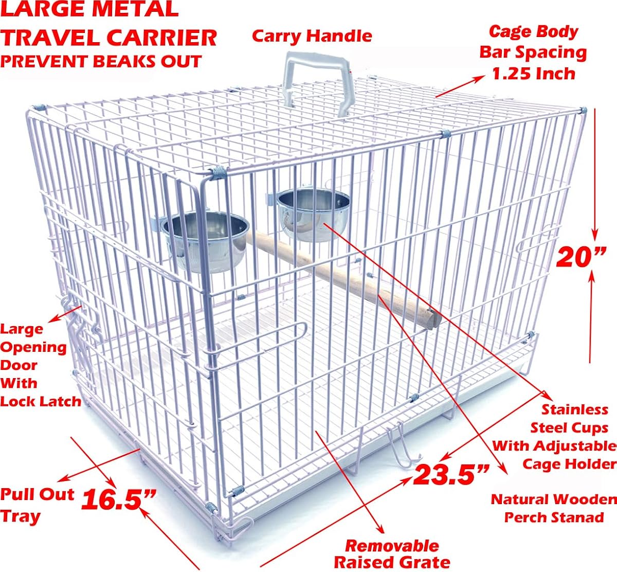 Large Portable Durable Metal Travel or Veterinary Easy Collapsable Parrot Bird Carrier Bite-Proof Carrier Cage Easy Clean Pull Out Tray Stainless Steel Feeder Bowls Natural Wooden Perch