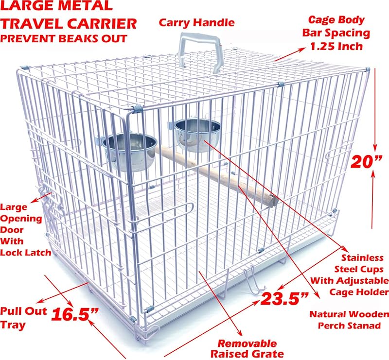 Large Portable Durable Metal Travel or Veterinary Easy Collapsable Parrot Bird Carrier Bite-Proof Carrier Cage Easy Clean Pull Out Tray Stainless Steel Feeder Bowls Natural Wooden Perch