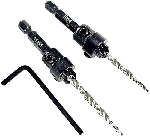 FTG USA Juego de brocas avellanadoras #6 (964") y #8 (1164") para madera, broca avellanadora cónica, collar de tope, llave hexagonal, brocas