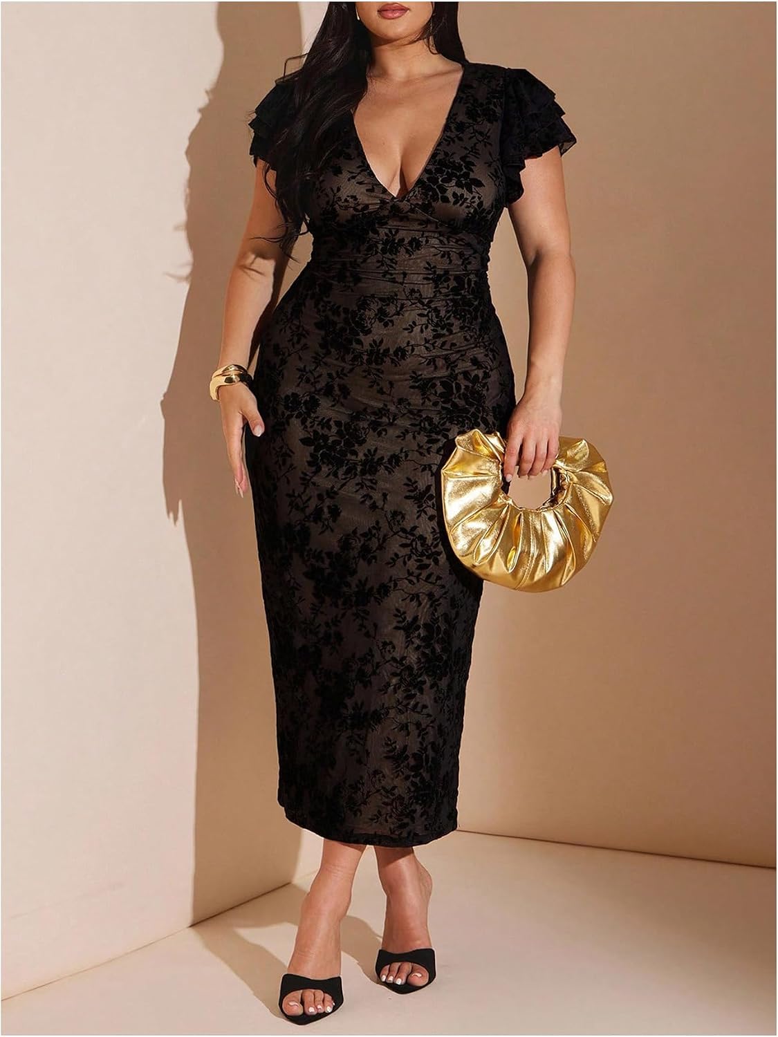 BEAUDRM Women's Plus Size Cocktail Floral Maxi Dress Deep V Ruffle Short Sleeve Bodycon Mesh Wedding Guest Party Dresses