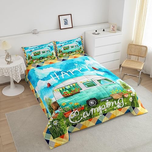 Miniatura 9 de Erosebridal Juego de edredón para niños y niñas, tamaño Queen, diseño de campista feliz, para niños, niñas, accesorios de caravana, edredón para