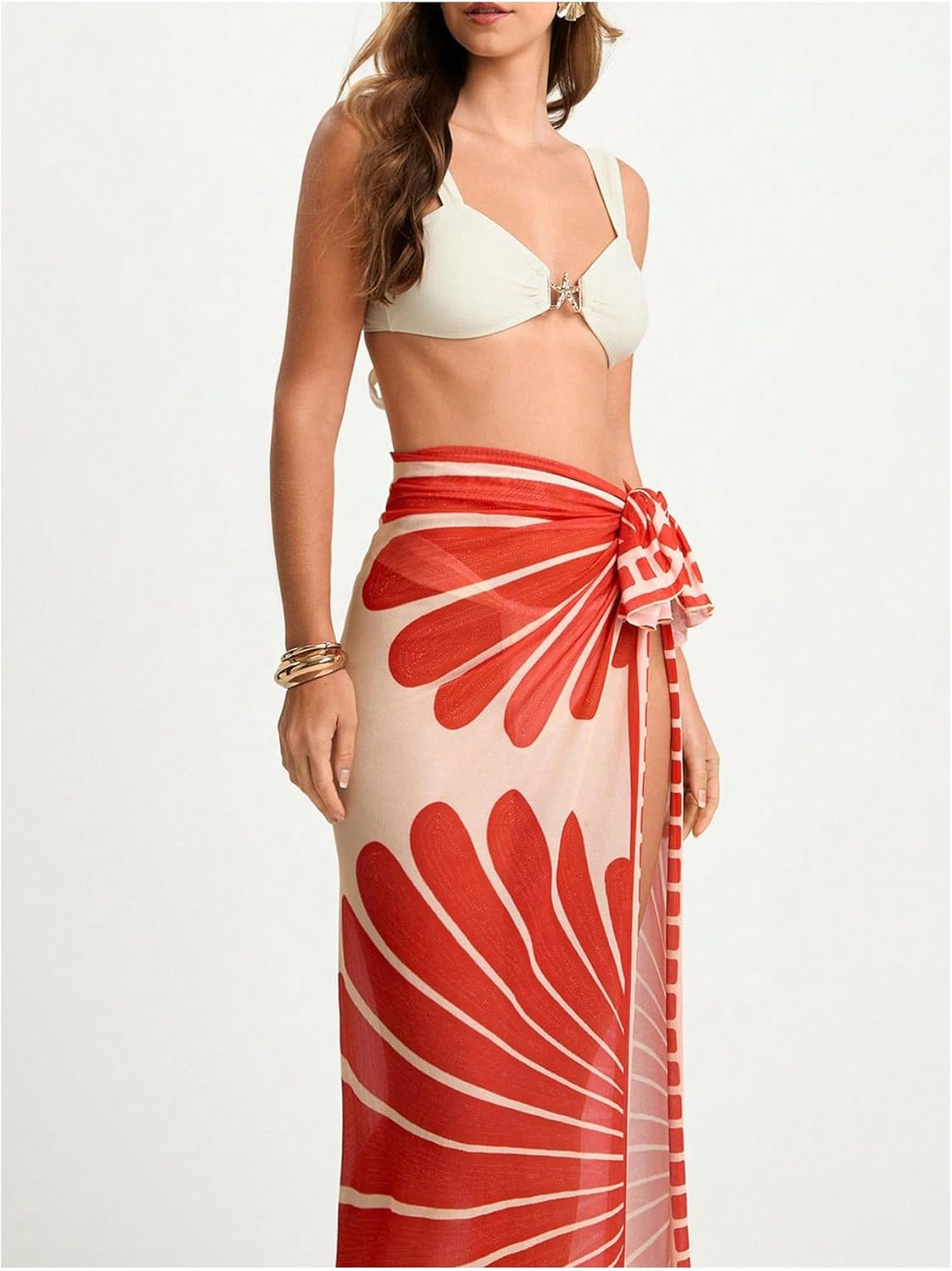 SweatyRocks Women's Sheer Sarong High Slit Swimsuit Coverups Floral Print Tie Side Beach Maxi Skirt