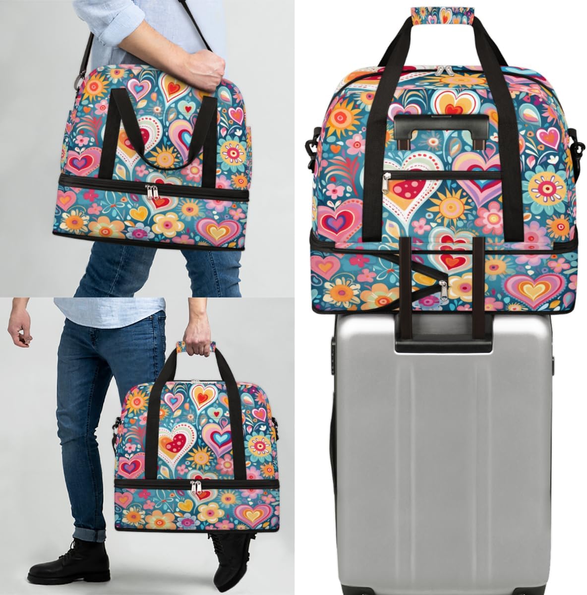QsirBC Love Theme Decor Gym Bag for Women Duffle Tote with Shoes Compartment Men Weekender Duffel for Dance Travel Sports Swimming Overnight
