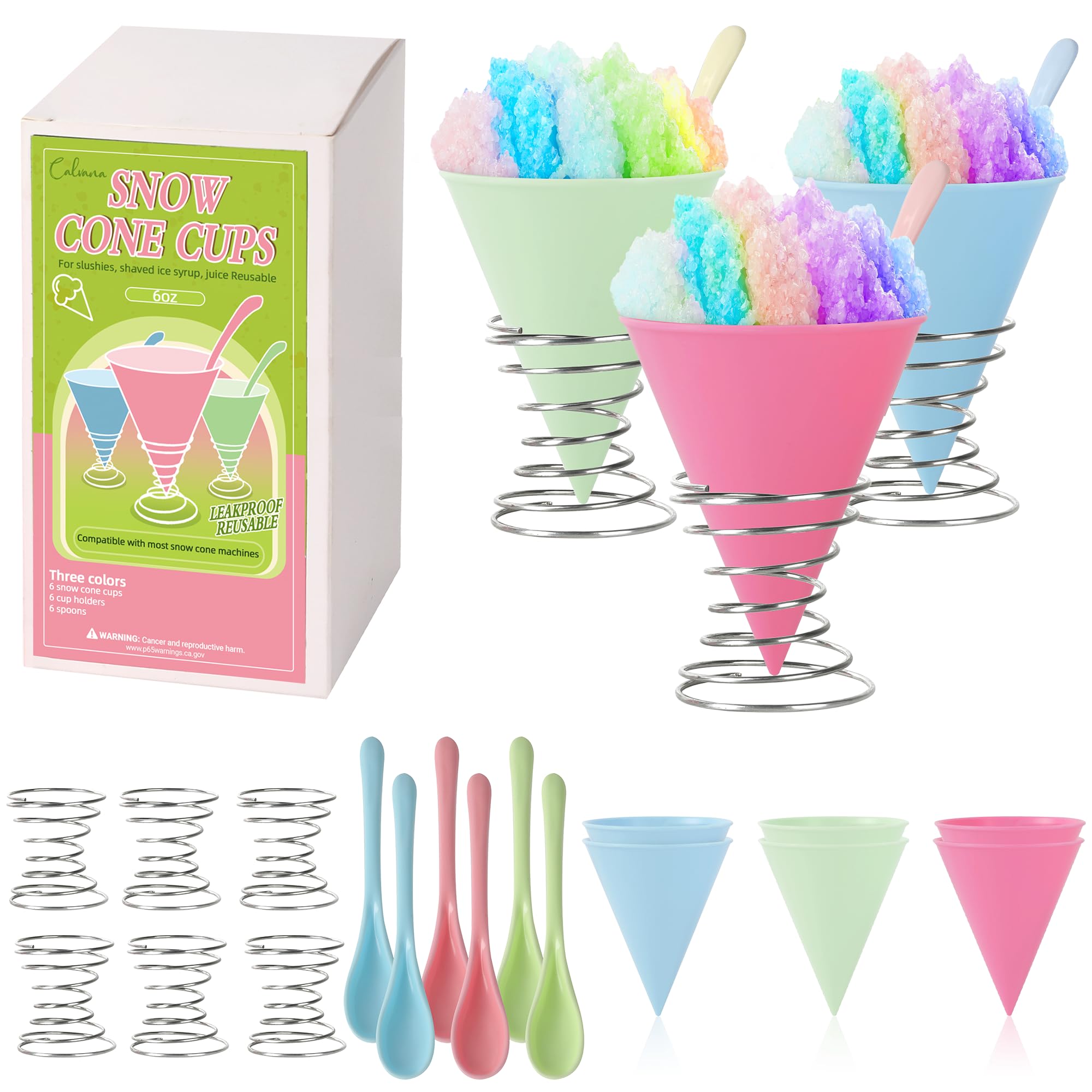 Photo 1 of (6-pack) Calvana Reusable Plastic Snow Cone Cups Kit, Includes Leakproof Cups & Spoon Straws with Metal Holders, Compatible with Nostalgia & Cuisinart Snow Cone Machine, 6oz