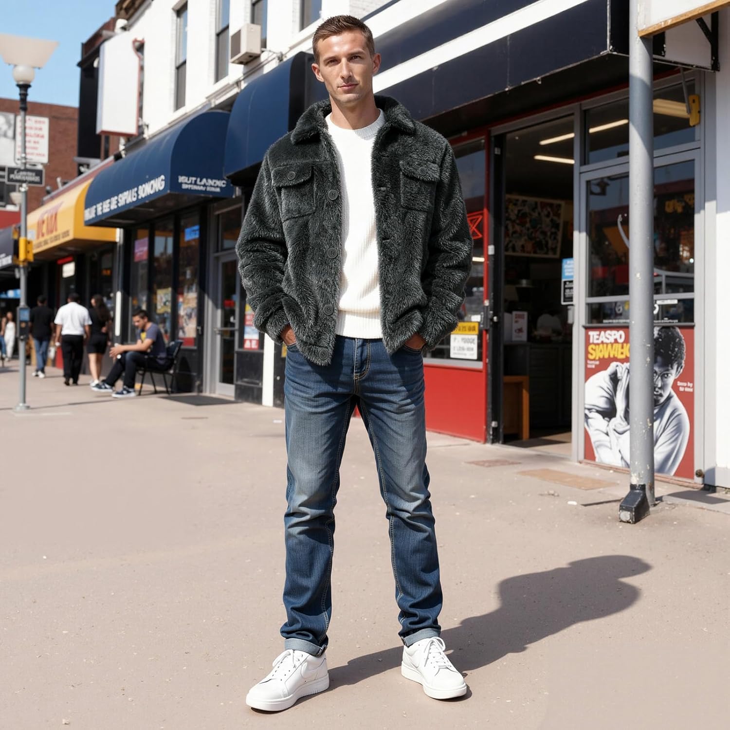 GINGTTO Mens Furry Button-Up Jacket 4 Pockets Fluffy Coat For Men - Image 3