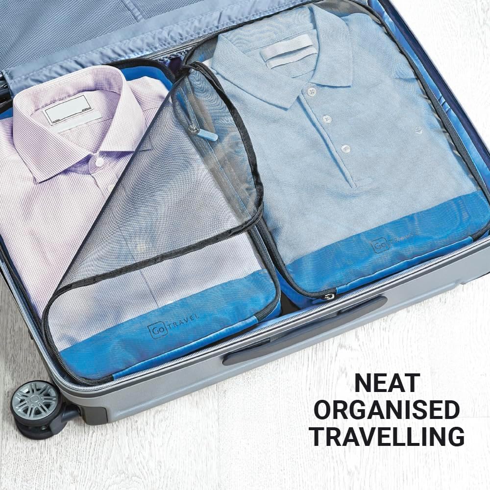 Go Travel Twin Packing Cubes, Zippered Mesh Packing Cubes for Travel, Washable Suitcase Organizer, Travel Essentials, Blue, Pack of 2