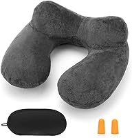 Vista 8 de Almohada inflable de viaje para avión, almohada inflable para el cuello para viajar con terciopelo suave, funda lavable para dormir, avión, tren