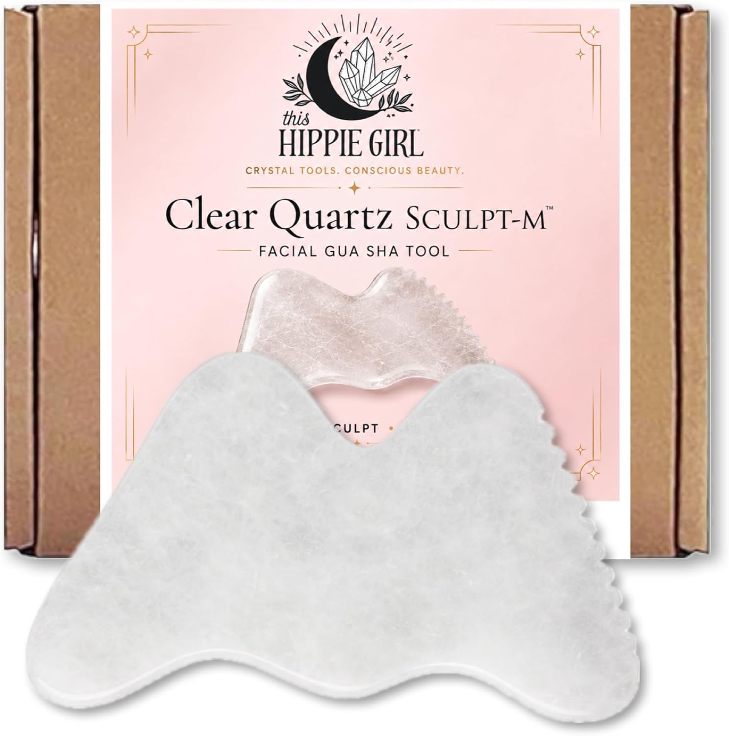 This Hippie Girl Clear Quartz Sculpt-M Gua Sha Facial Tool M-Shaped Face & Neck Sculpting Massager for Lymphatic Drainage Massage, Jawline Contouring & Tension Relief