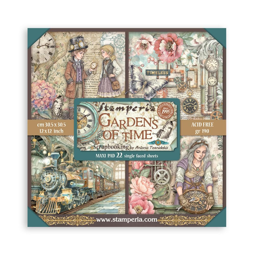 Stamperia - Scrapbook Paper Pad for Scrapbooking, Albums, Cards, Bullet Journals and More, Acid Free, Single Face, Perfect for Hobbies, Crafts, and Gifting (Gardens of Time) (30.5 x 30.5cm)