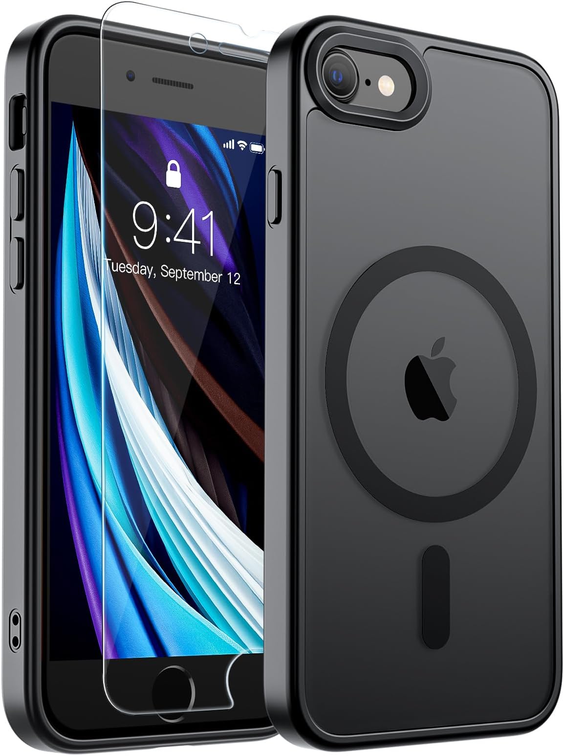 SUPFINE Magnetic for iPhone SE Case 2022 (3rd)/2020 (2nd), iPhone 8 Case (Compatible with MagSafe) (Military Grade Drop Protection) Slim Translucent Matte Phone Case,Black