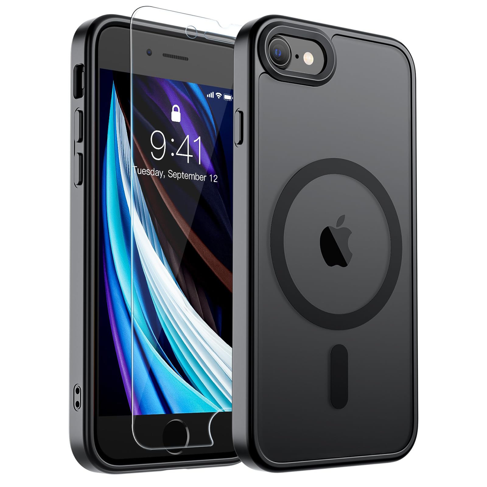 SUPFINE Magnetic for iPhone SE Case 2022 (3rd)/2020 (2nd), iPhone 8 Case | With Screen Protector, Translucent Matte, Compatible with MagSafe, Military Grade Drop Proof, Black
