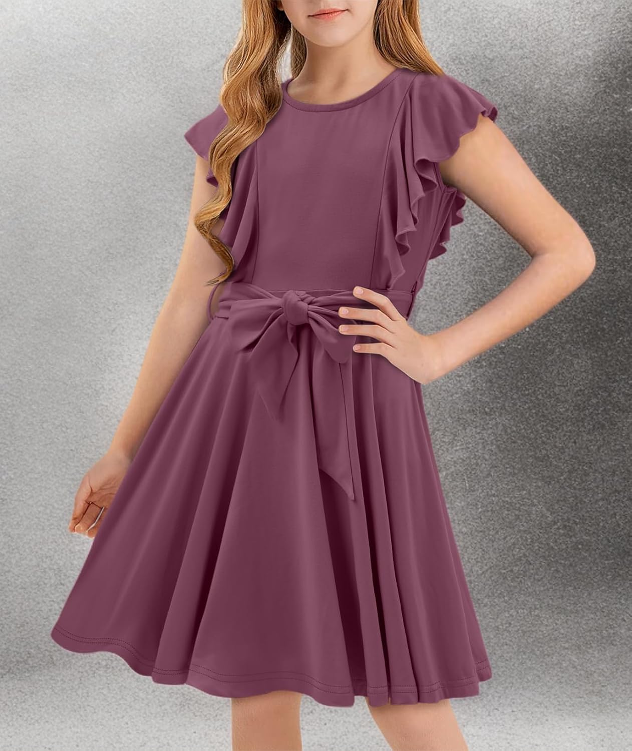 storeofbaby Girls Casual Ruffle Dress Elegant A-Line Flowy Dresses with Belt 5-14 Years - Image 6