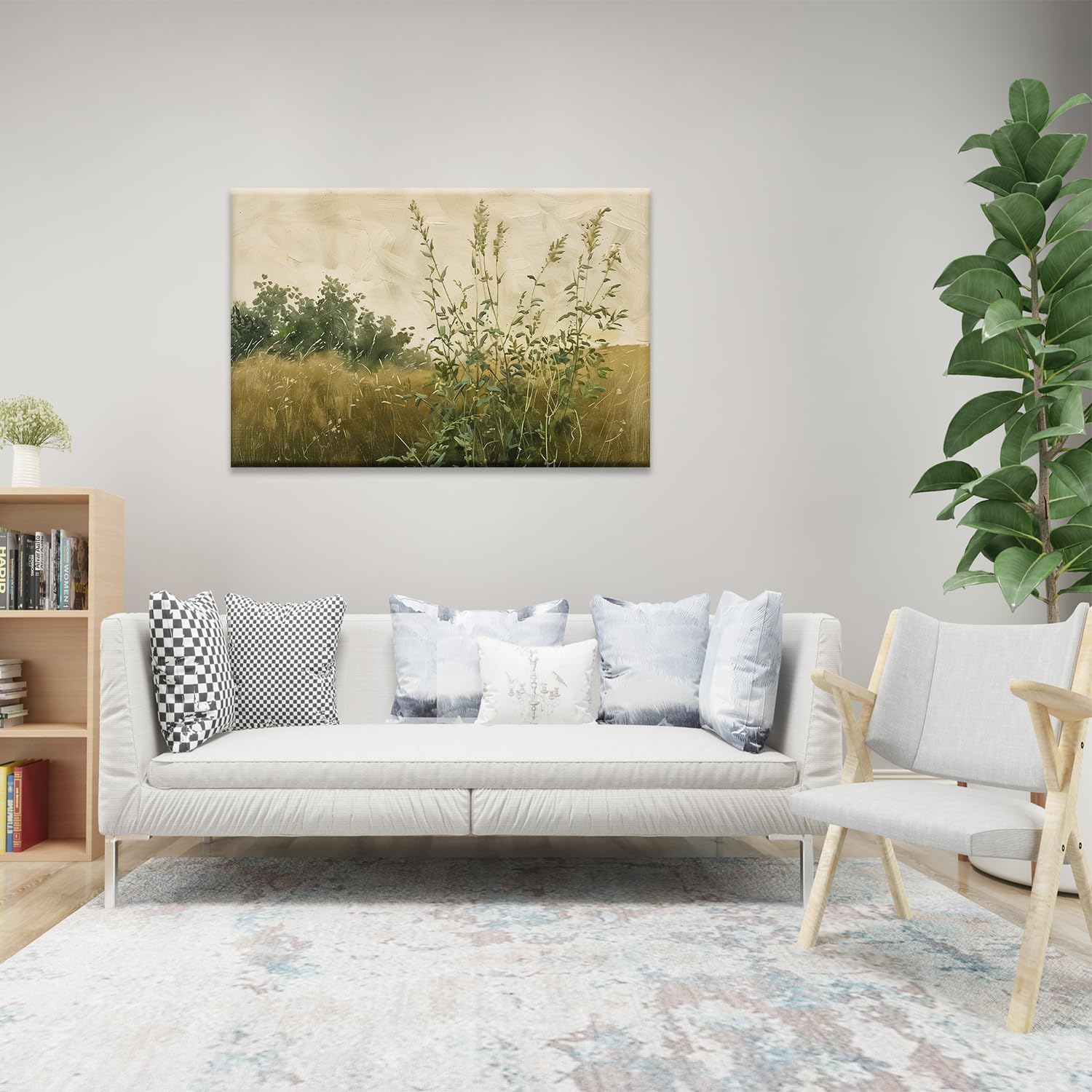 Spring Landscape Canvas Wall Art, Wild Grass in the Wilderness Painting Poster Print Vintage Rustic Countryside Nature Landscape Painting Picture for Living Room Bedroom Decor(Artwork-01, 18"x12")