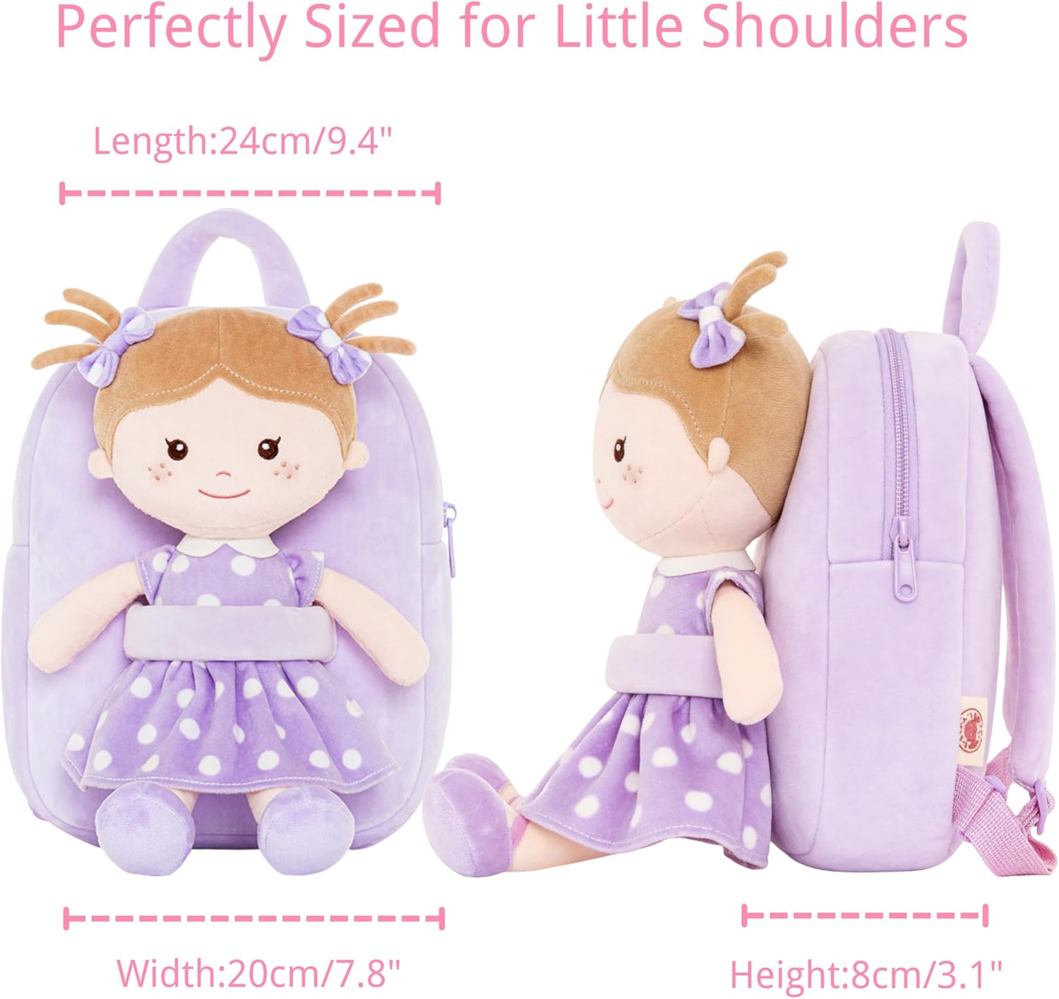 Onetoo Toddler Backpack Kids Backpacks with Soft Light Baby Dolls in Purple Polka Dots Dress 9"