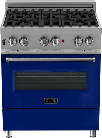 ZLINE 30 in. 4.0 cu. ft. Legacy Dual Fuel Range with 4 Burner Gas Cooktop and Electric Convection Oven in Satin Stainless Steel and Blue Gloss Door RAS-BG-30