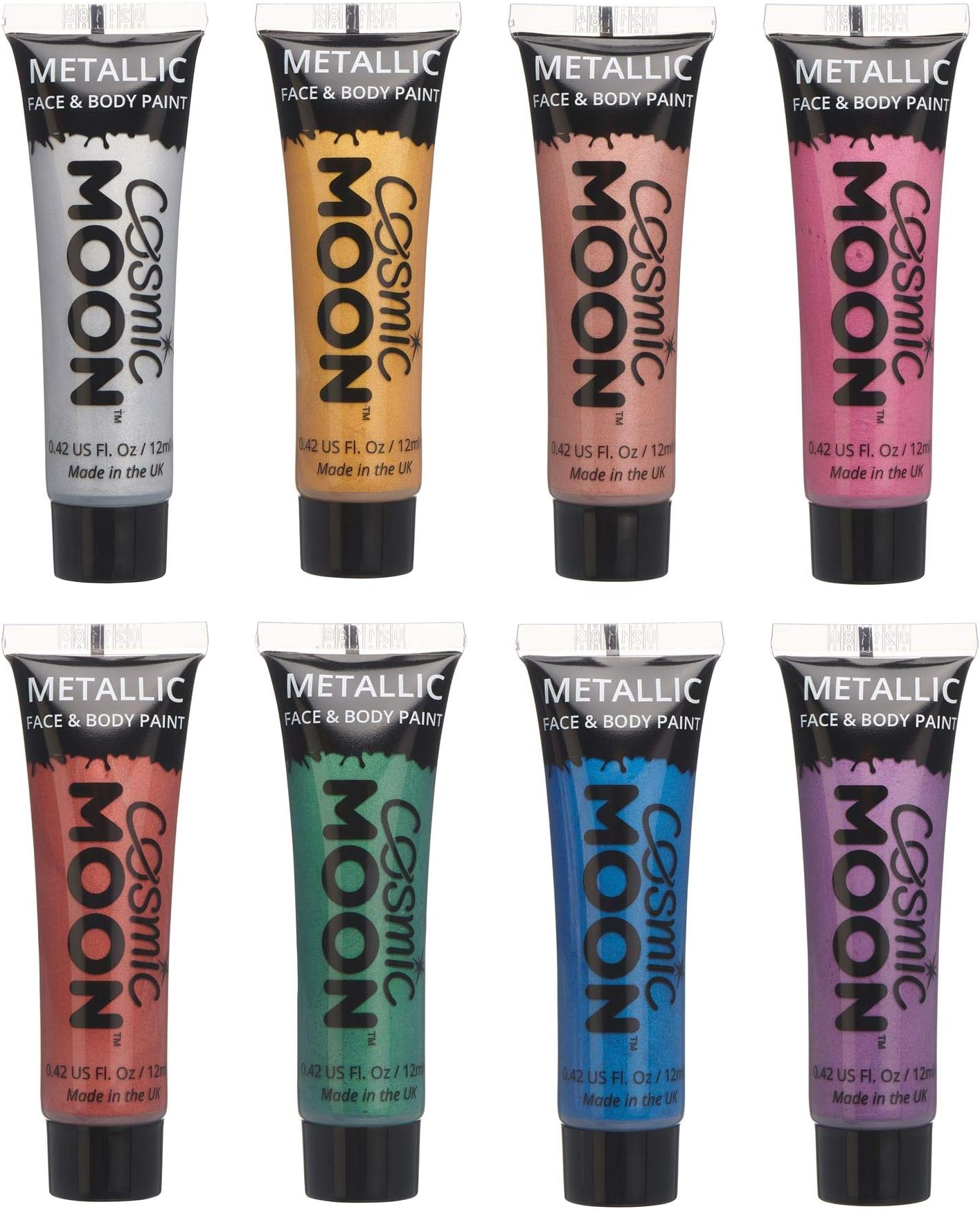 Cosmic MoonMetallic Face Paint makeup for the Face & Body - 0.40fl oz - Create mesmerising metallic face paint designs! - Set of 8 Includes: Silver, Gold, Rose Gold, Pink, Red, Green, Blue, Purple