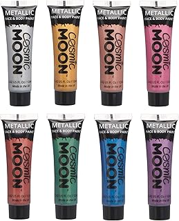 Cosmic Moon - Metallic Face Paint makeup for the Face & Body - 0.40fl oz - Create mesmerising metallic face paint designs! - Set of 8 Includes: Silver, Gold, Rose Gold, Pink, Red, Green, Blue, Purple