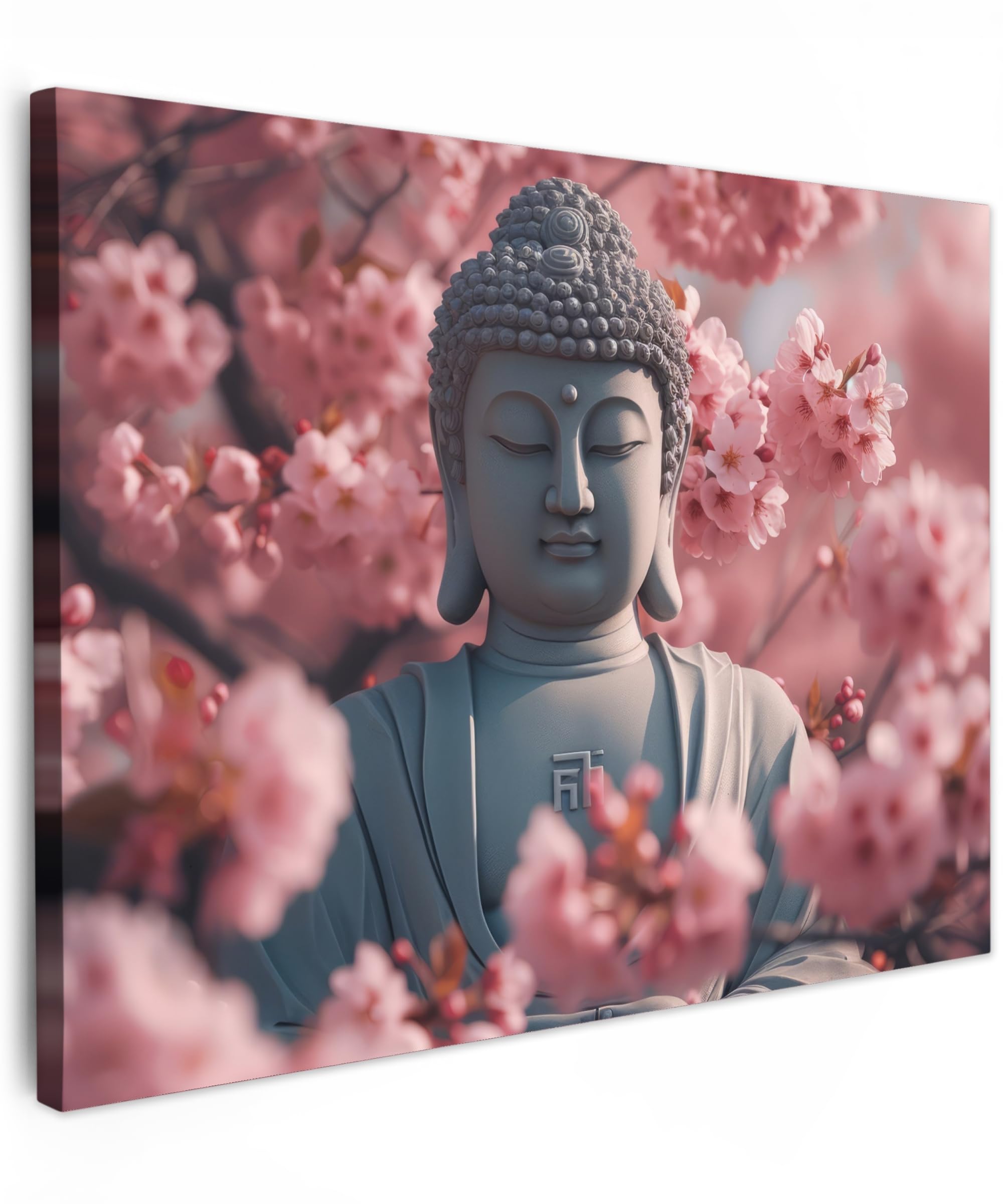 MuchoWow© Bilder 80x60 cm Wohnzimmer Deko Modern Wandbild Kunstdruck auf Leinwand Bild Schlafzimmer über Bett Room Decor Geschenke Buddha - Statue - Sakura - Kirschblüte