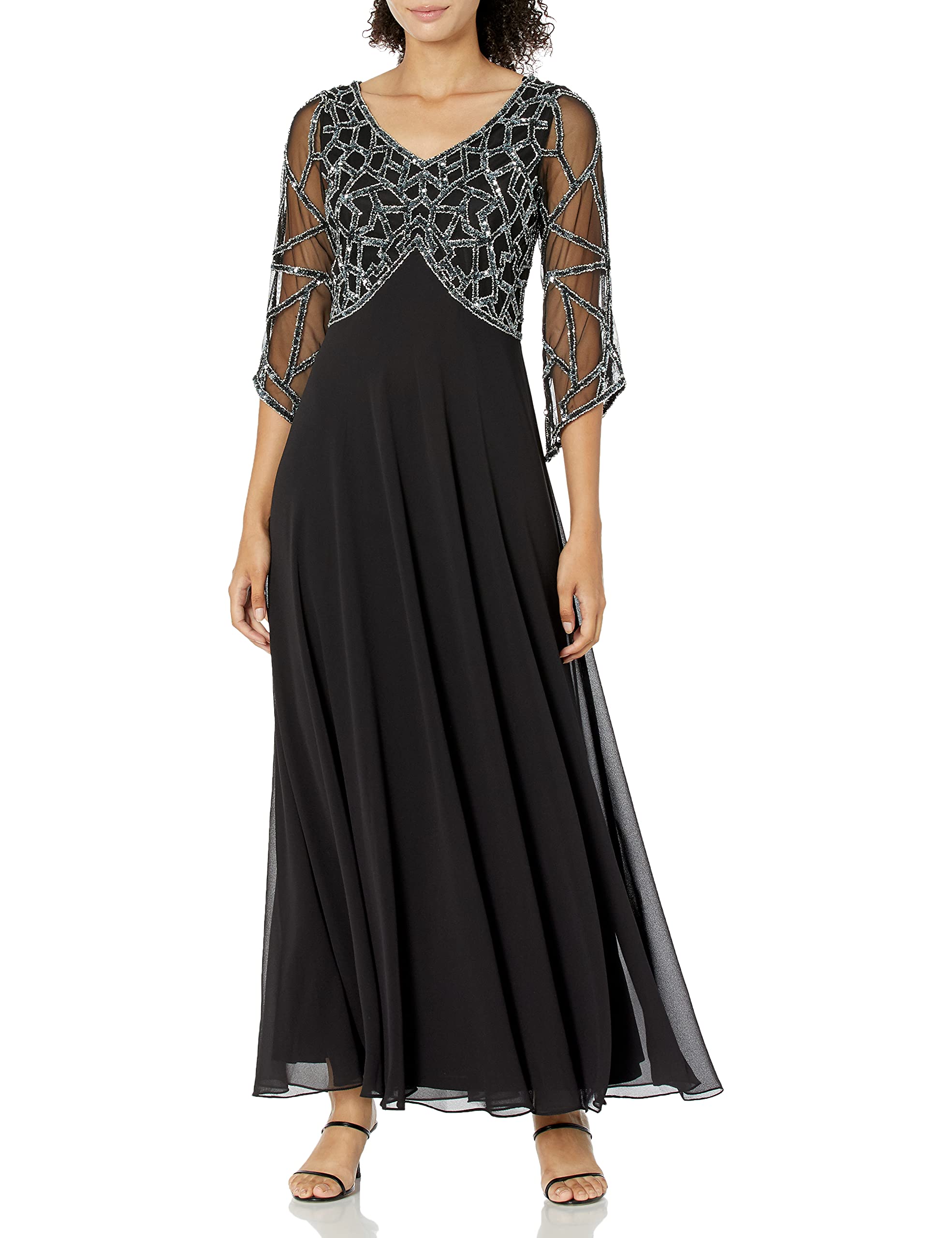J kara women s petite 3 4 sleeve geo beaded gown