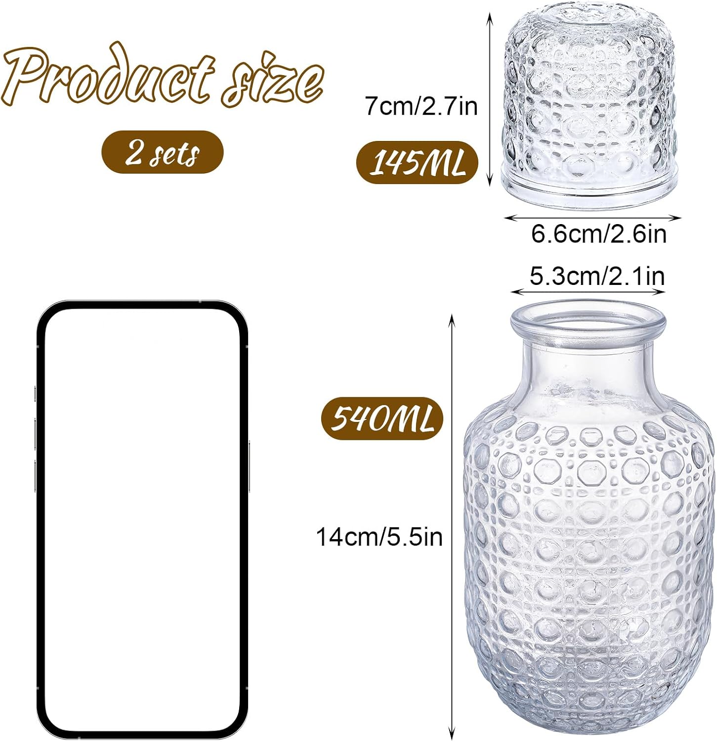 4 PCS Bedside Water Carafe and Glass Set, Clear Embossed Night Water Carafe with Tumbler Glasses, Elegant Pitcher and Matching Drinking Glass, Vintage Elegant Glassware, Easy Access