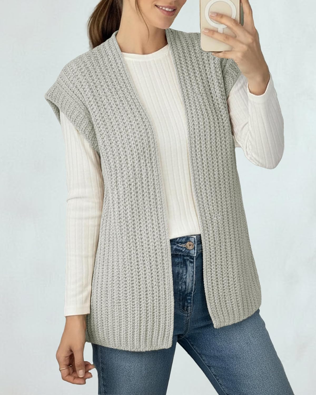 Womens Fall Sleeveless Chunky Knit Long Sweater Vest Crochet Trendy Open Front Cardigan Sweater Tops Grey - Image 4