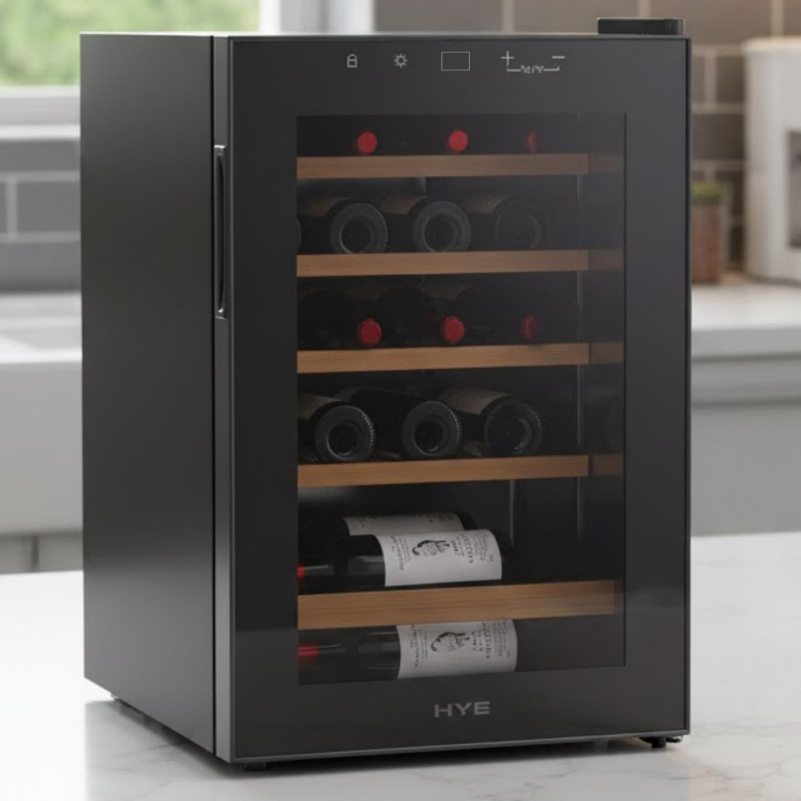 HYE Wine Cooler - Wine Fridge With 20 Bottle/62L Storage, 43CM Width, Wooden Shelves, LED Top Lighting, Temperature Range Adjustment, 40 dB Operation, Perfect For Enthusiasts - RF01WC20B31 — view 7