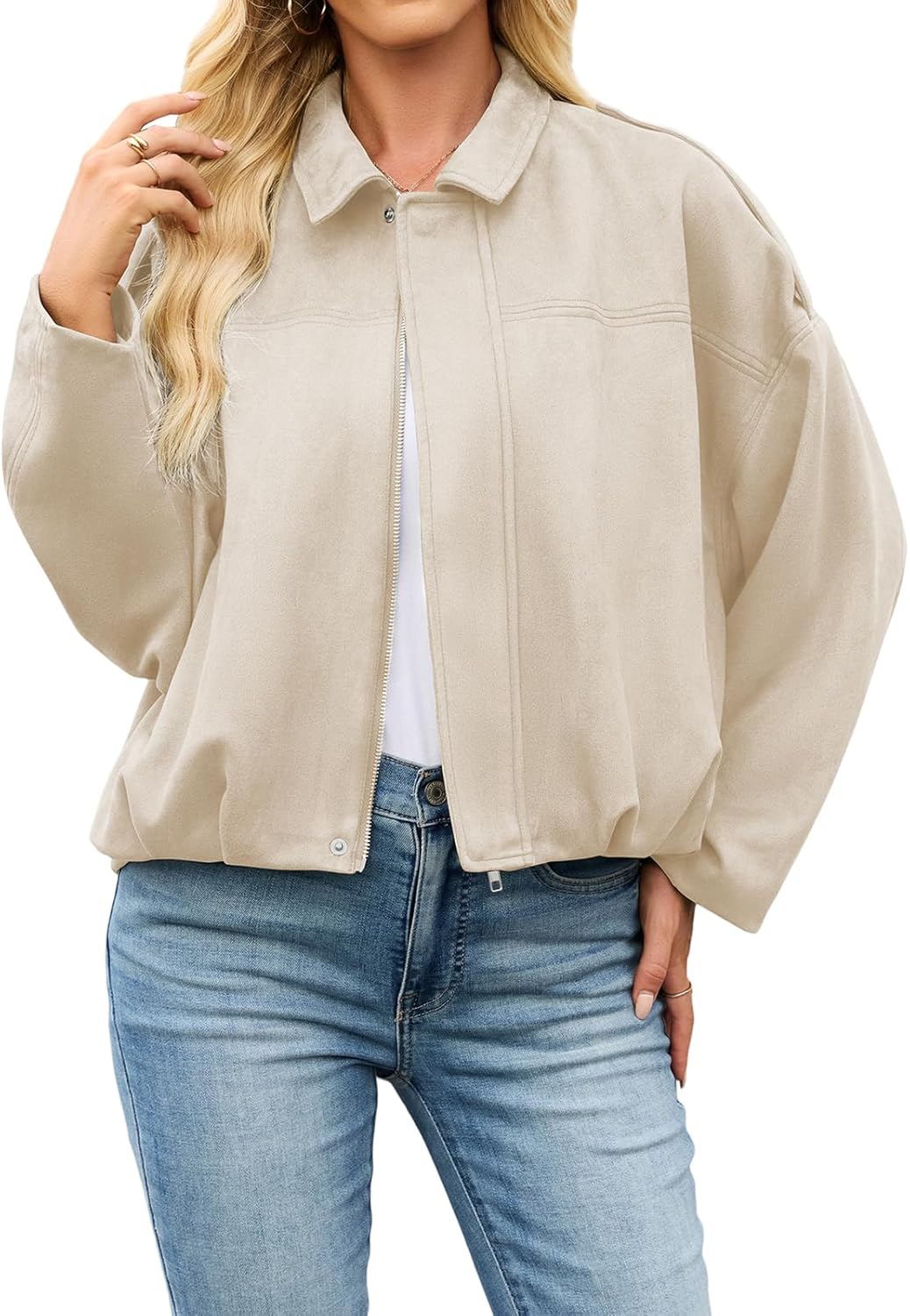 Womens Bomber Jacket Faux Suede Casual Cropped Pilot Coat Lapel Collar Causal Overs... - Image 2