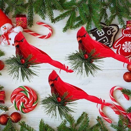 Miniatura 6 de IUIBMI Paquete de 10 pájaros cardenales rojos artificiales con clip en ramas de pino para árbol de Navidad, pájaros realistas con plumas para