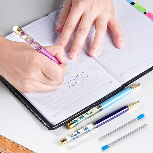 Miniatura 7 de 10 bolígrafos líquidos florales de metal rosa con 10 repuestos adicionales, tinta azul, bolígrafos de colores, bolígrafos recargables, suministros