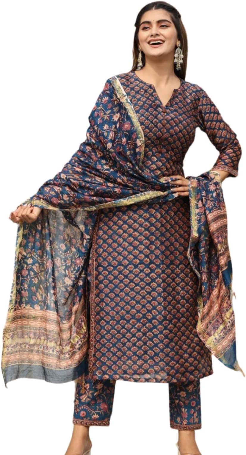 GRECIILOOKSWomen's Cotton Blend Kurta Set with Dupatta | Kurti Set for Women | Festive Kurta Set for Women | Regular Fit Kurta