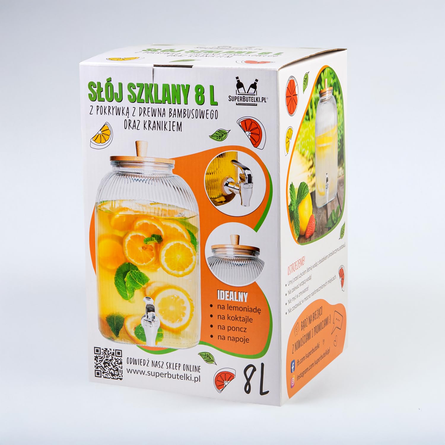 Contenitore in vetro da 8 litri con rubinetto e coperchio in bambù, per limonata, acqua e succo (acciaio inossidabile)