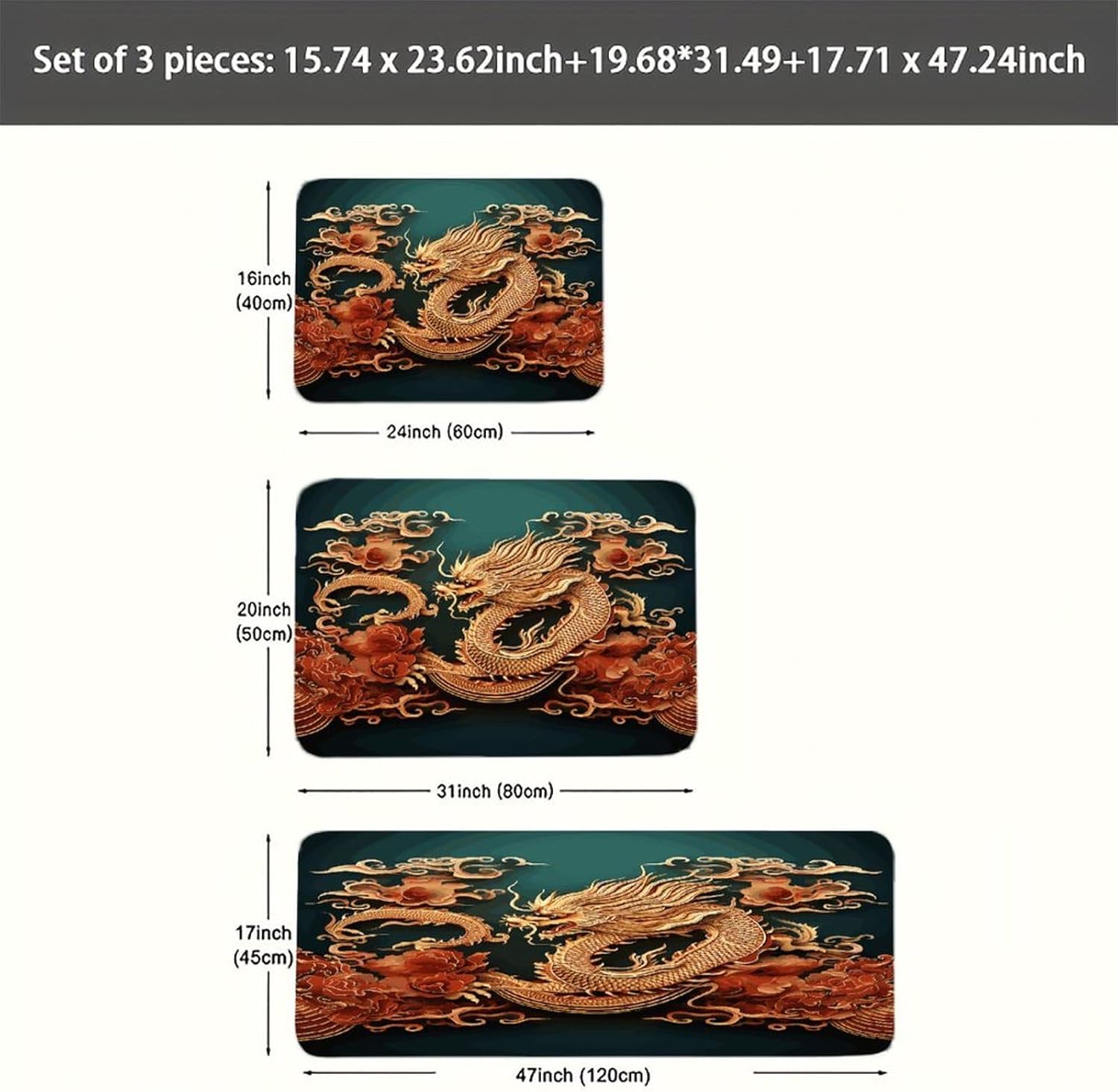 Dragon Chinese Background Kitchen Rugs Set of 3 Non Slip Washable Kitchen Mats for Floor Soft Area Rug Kitchen Floor Mat Cushioned Anti Fatigue Mats Standing Sink Mat Decor Runner Rugs