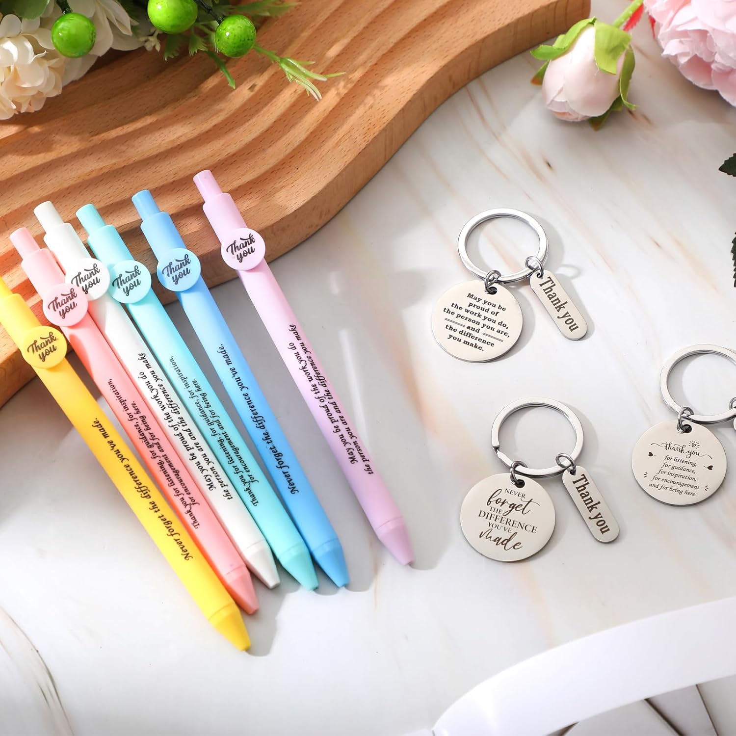 Yeaqee 108 Pcs Teacher Appreciation Gifts 36 Thank You Pens 36 Motivational Keychains with Organza Bags Inspirational Retractable Ballpoint Pen Thank You Gifts for Teacher Employee Coworkers Nurse