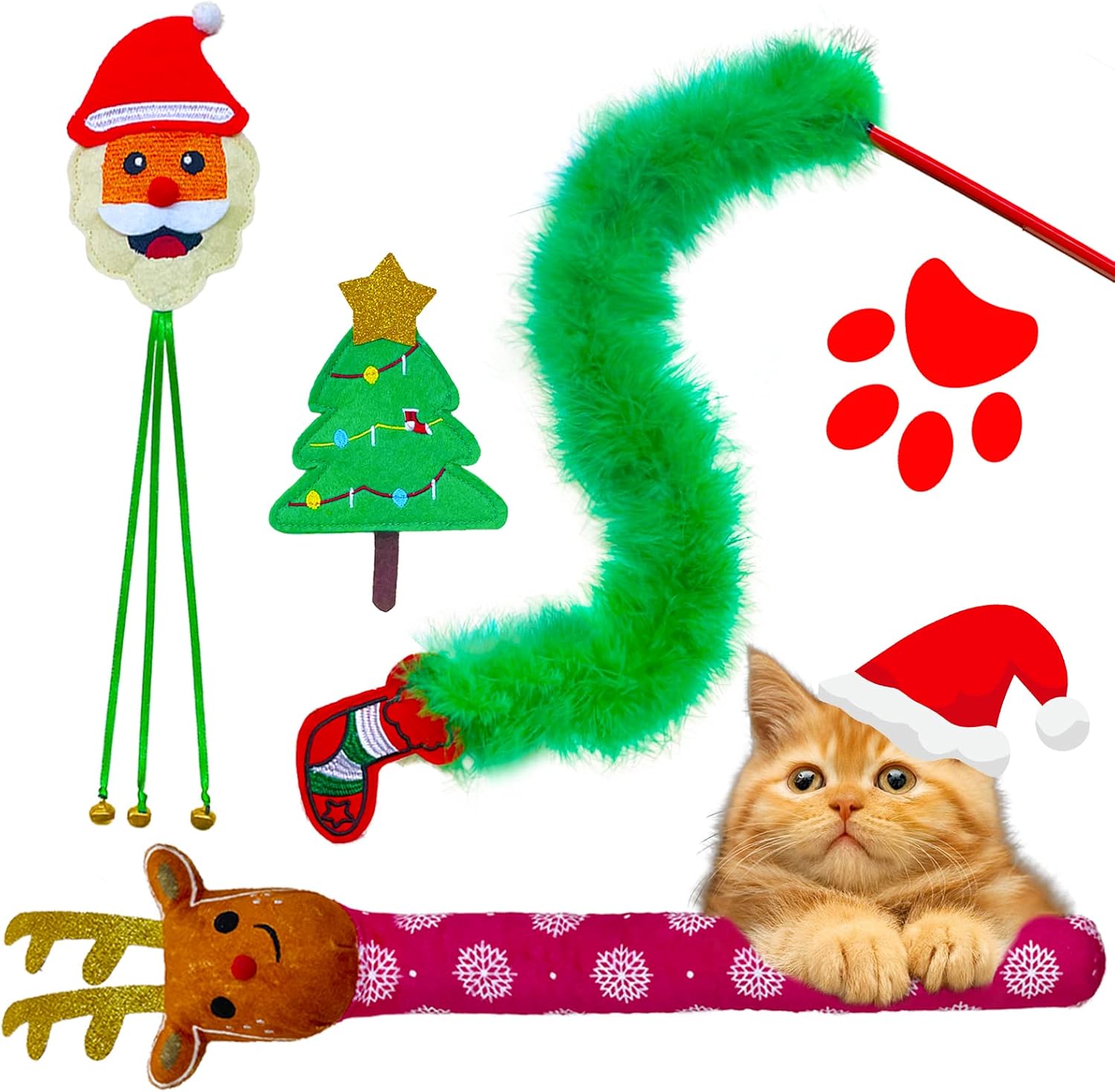 Pupfeliy 4 Pack Cat Toys Christmas, Christmas Cat Toy, Cat Gifts for Christmas, Interactive Cat Feather Toys with Catnip, Cat Kicker…