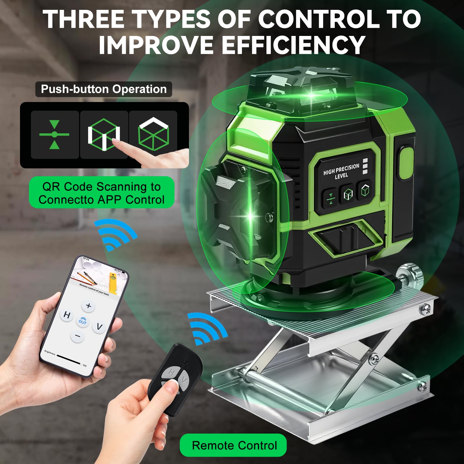 Nivel Laser Autonivelante 16 líneas 360 Grados, 4 x 360 Láser de línea con Trípode, Plataforma Elevadora y Soporte de Pared, Batería, Control Remoto, láser Cruzado Uso Interior y Exterior, verde