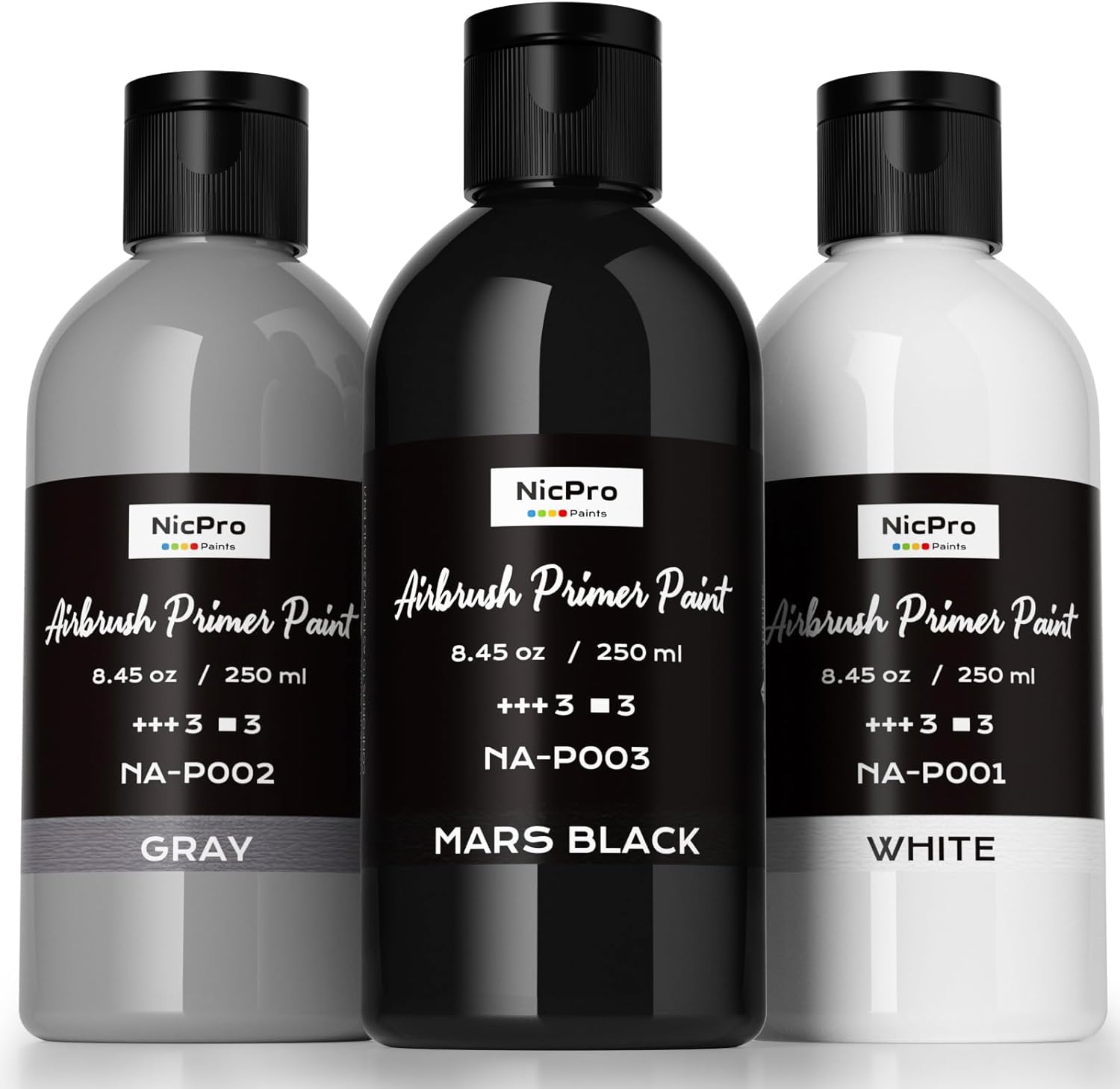 Nicpro Black, Gray, White Surface Primer Airbrush Paint (8.45oz, 250 ml)