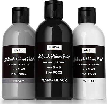 Nicpro Black, Gray, White Surface Primer Airbrush Paint 8.4oz, 250 ml, Matte Finish, Ready To Spray Air Brush Acrylic Primer for Beginners & Artists Priming Plastic Models, Miniature Figures, Craft