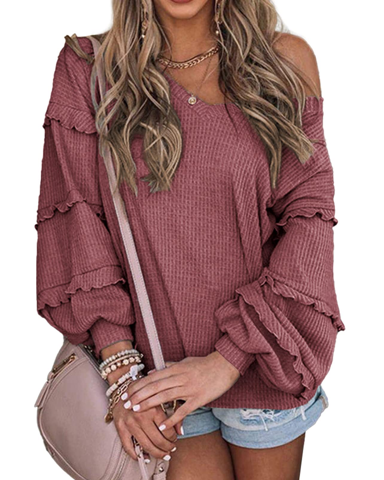 BTFBM Women's V Neck Long Sleeve Blouse Loose Fit Tunics Ruffles Off Shoulder Waffle Knit Solid Color Tops Fall Tee Shirts