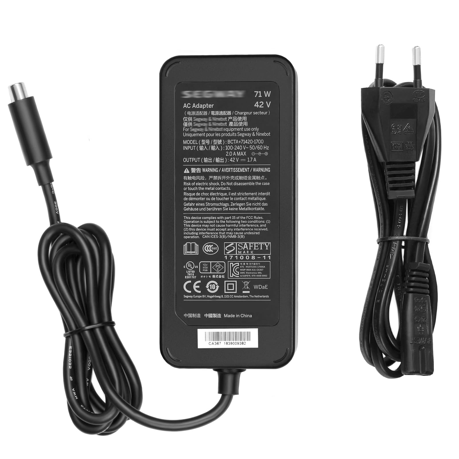 71W 42V Caricatore Alimentatore per Segway Ninebot KickScooter ES2/ES3 Plus/ES4 D18 D28 D38 D40 E22 E25 E45D F20 F30 F40 F25 ES1 ES2 ES3 ES4 Ninebot KickScooter F2 Pro Caricatore,Non 53,6V/54,6V
