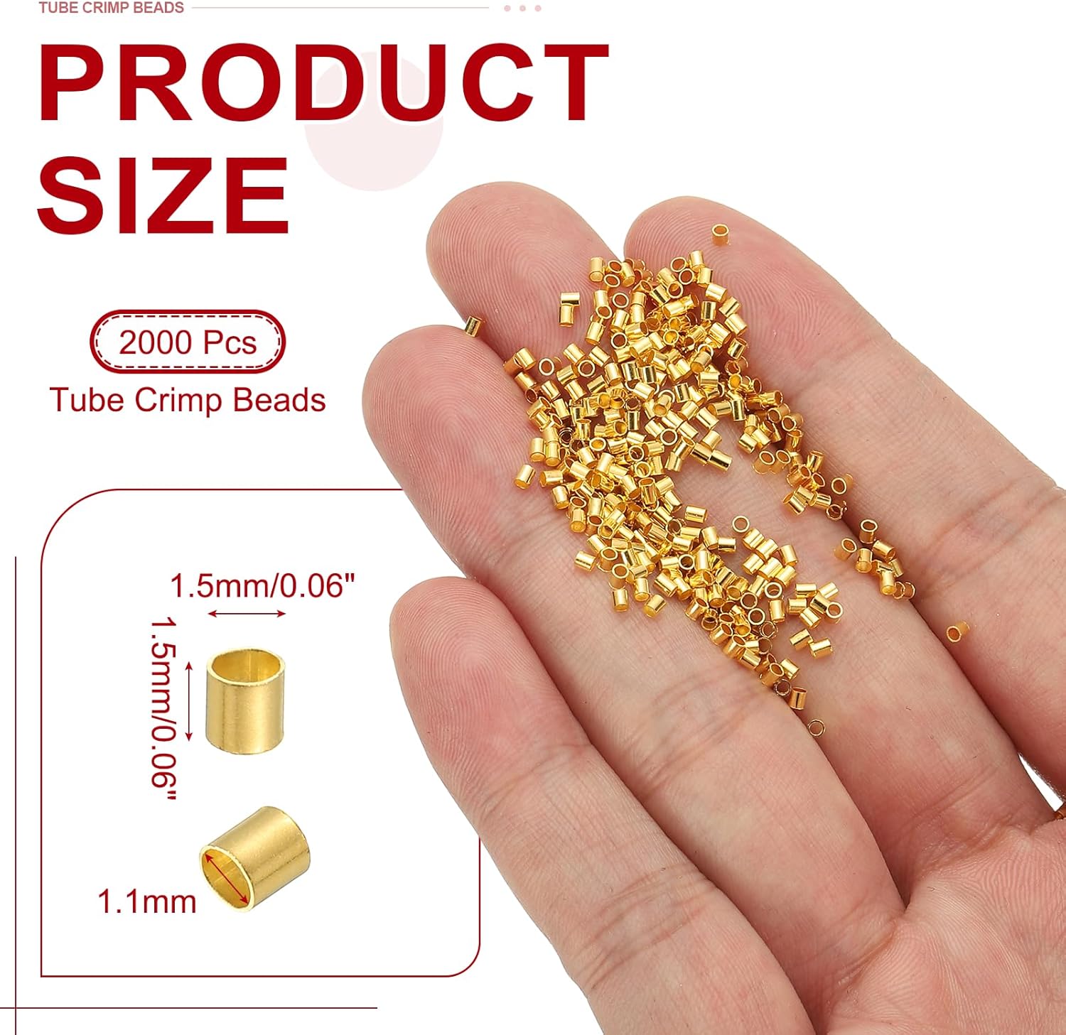 uxcell 2000 Pcs Tube Crimp Beads, 1.5x1.5mm Copper Crimp Beads End Stopper Beads Tiny Loose Spacer Beads for Earrings Necklaces Bracelets Pendant DIY Crafts, Gold - Image 2