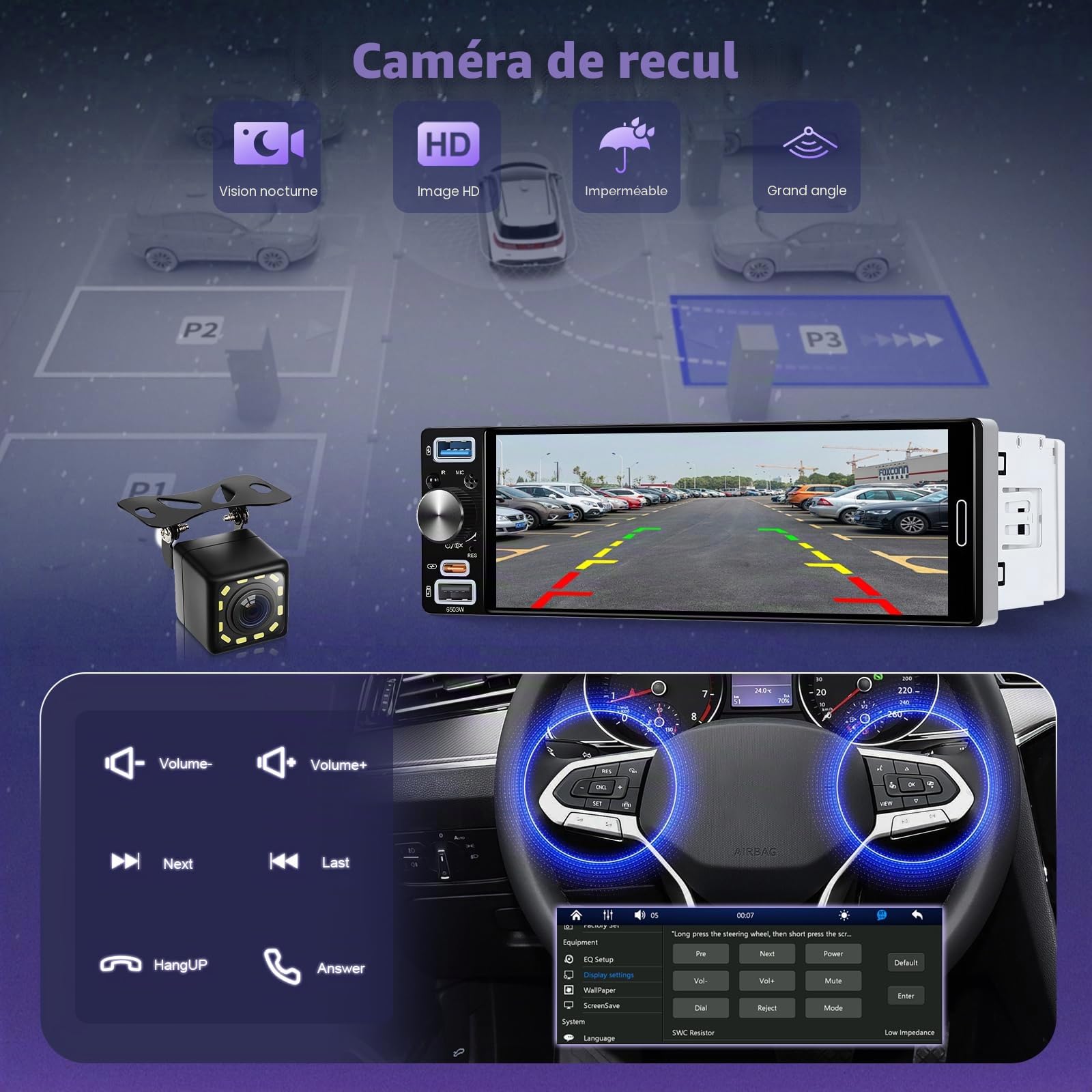 Hodozzy Autoradio 1 Din avec CarPlay Android Auto sans Fil, Ecran Tactile Incell 6,5 Pouces Poste Radio Voiture avec Bluetooth 5.2, Radio AM/FM/RDS, EQ, Lien Miroir, SWC, USB/Type-C+ Caméra de Recul