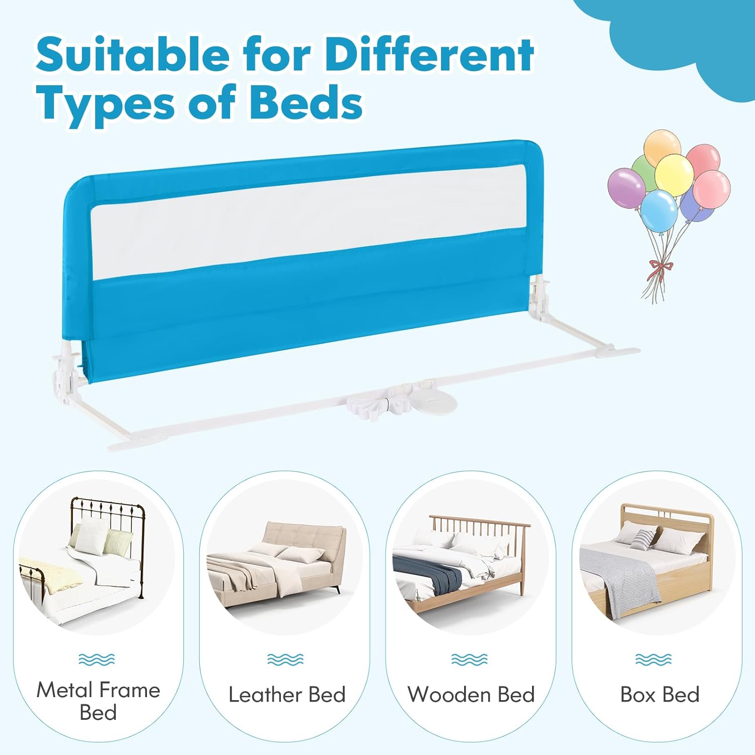 HONEY JOY Bed Rail for Toddlers, 59-in Extra Long, Portable Safety Bed Guardrail w/Double Safety Child Lock, Foldable Baby Bed Rail Guard, Fit King & Queen Full Twin Size Bed Mattress (2 Pack, Blue)