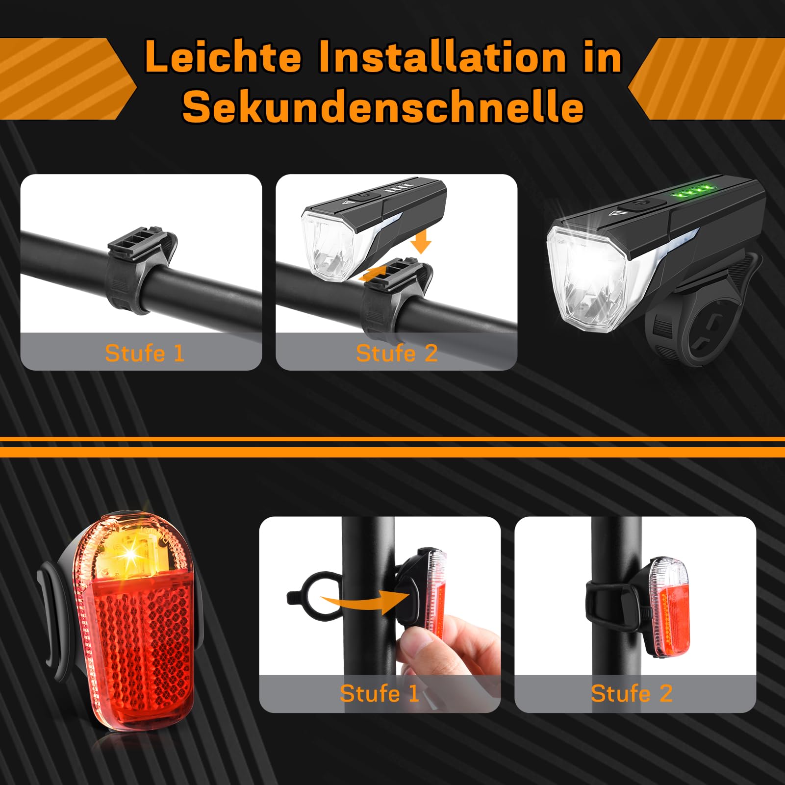 Gindoly Zestaw świateł rowerowych LED, 100 luksów, 2000 mAh, ładowane przez USB, wodoszczelne oświetlenie rowerowe IPX4, dopuszczone do ruchu drogowego (obowiązują przepisy lokalne), dla dzieci i