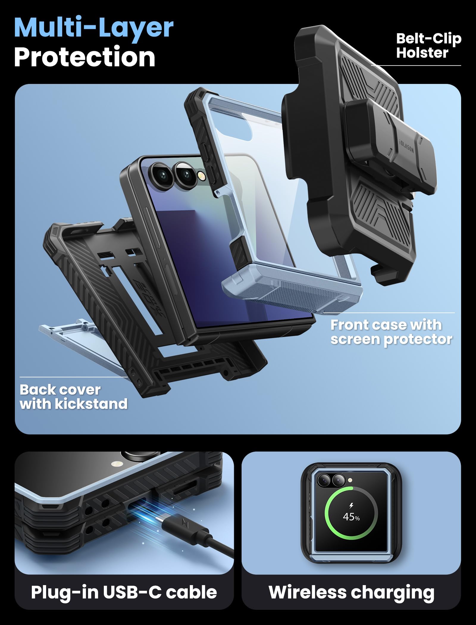 i-Blason Etui do Samsung Galaxy Z Flip 7 z podstawką, zintegrowana osłona ekranu, osłona zawiasu, klips do paska, pełne wojskowe etui ochronne do Samsung Z Flip 7 (wersja