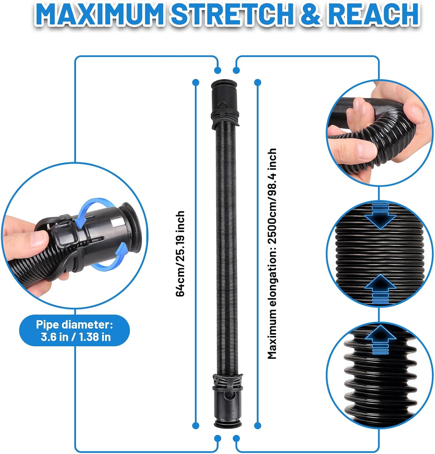 Replacement Hose for Shark LA455 LA502 LA555 LA300 LA322 LA700 LA701 LA702 Replacement Parts, 8.2ft Stretch Suction Tube, with Navigator Lift-Away and Rotator Lift-Away 273FP502 258FP322 272FP300