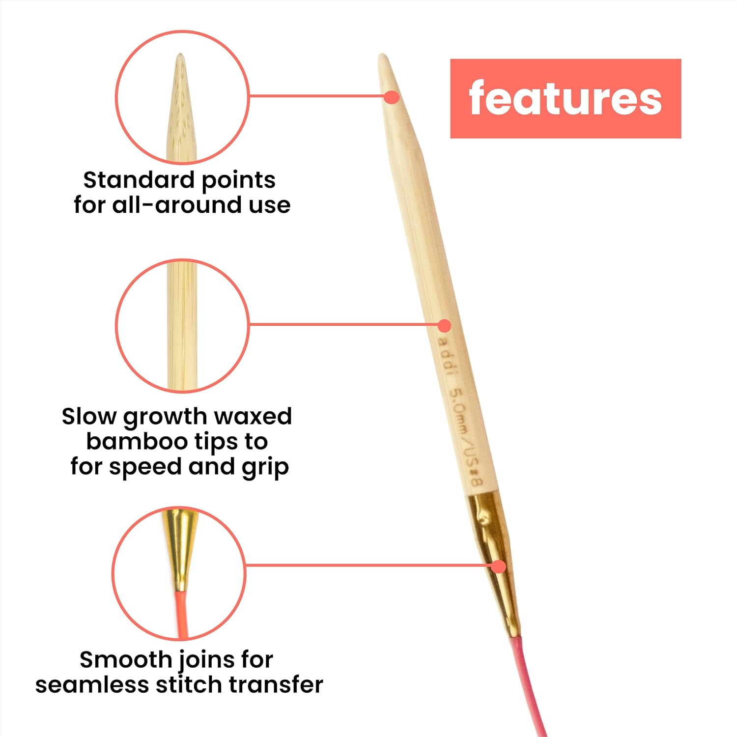 Gauge Natural Circular Knitting Needles, Fixed 20 Inch (50 cm) Bamboo Tips with Flexible Nylon Cord, US Size 11 (8 mm)